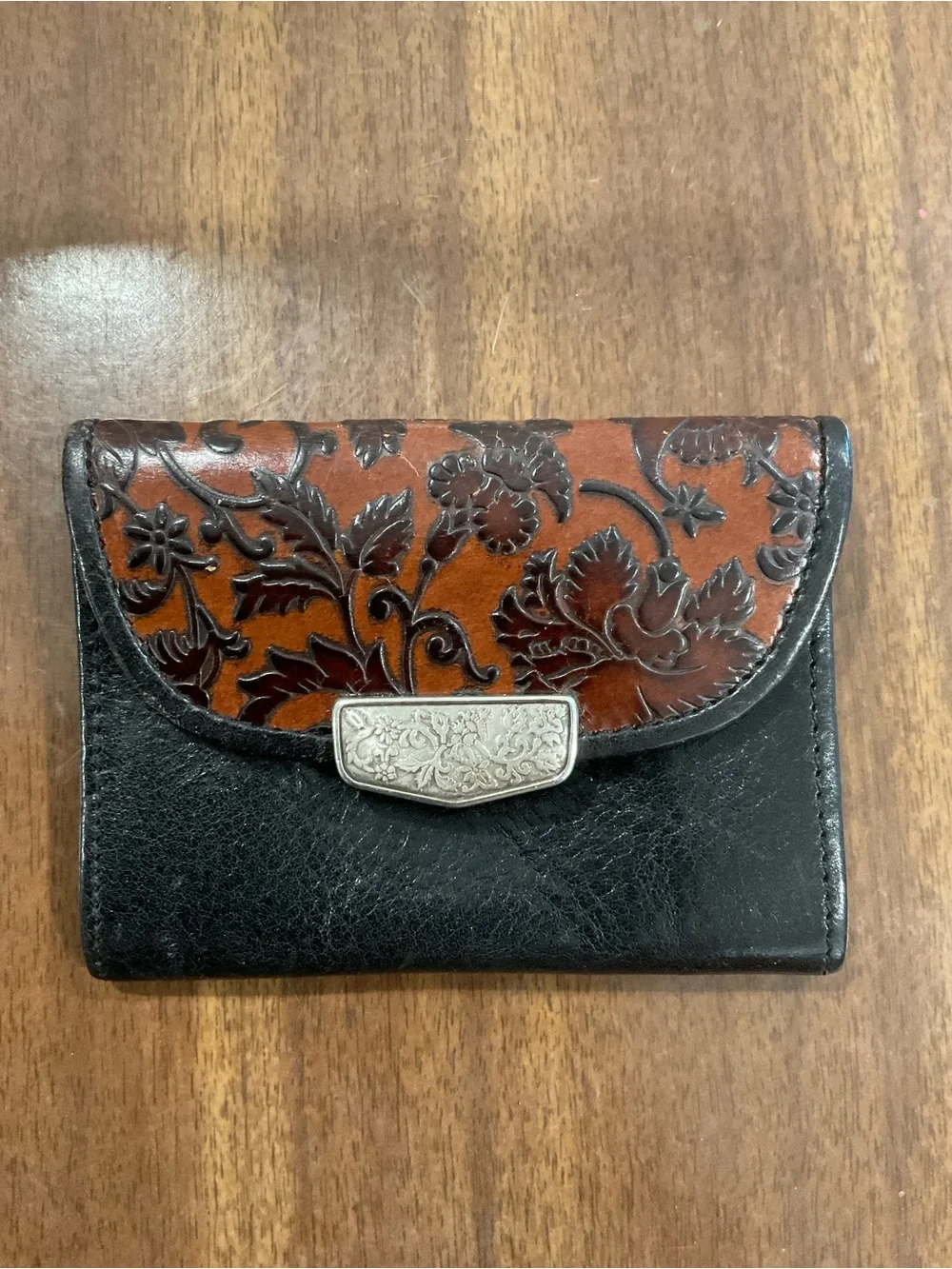Brighton Black and Brown Tooled Floral Leather coin purse with belt straps bag